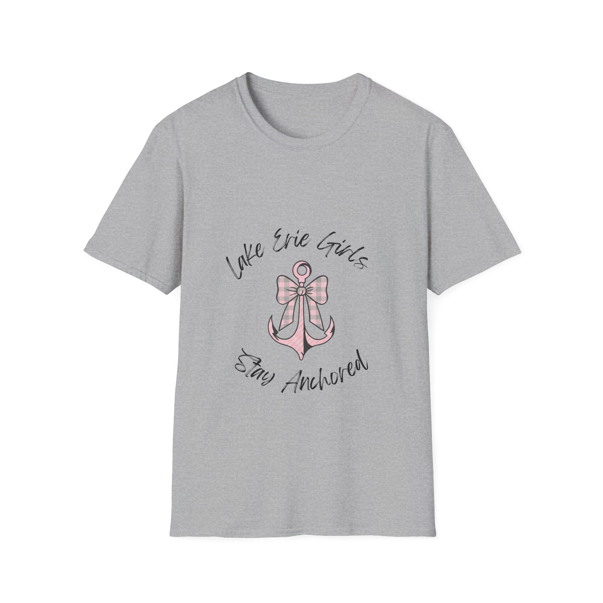 Pink Bow & Anchor Graphic Fitted Tee, “Lake Erie Girls Stay Anchored” 7 Girls Stay Anchored Fitted Tee