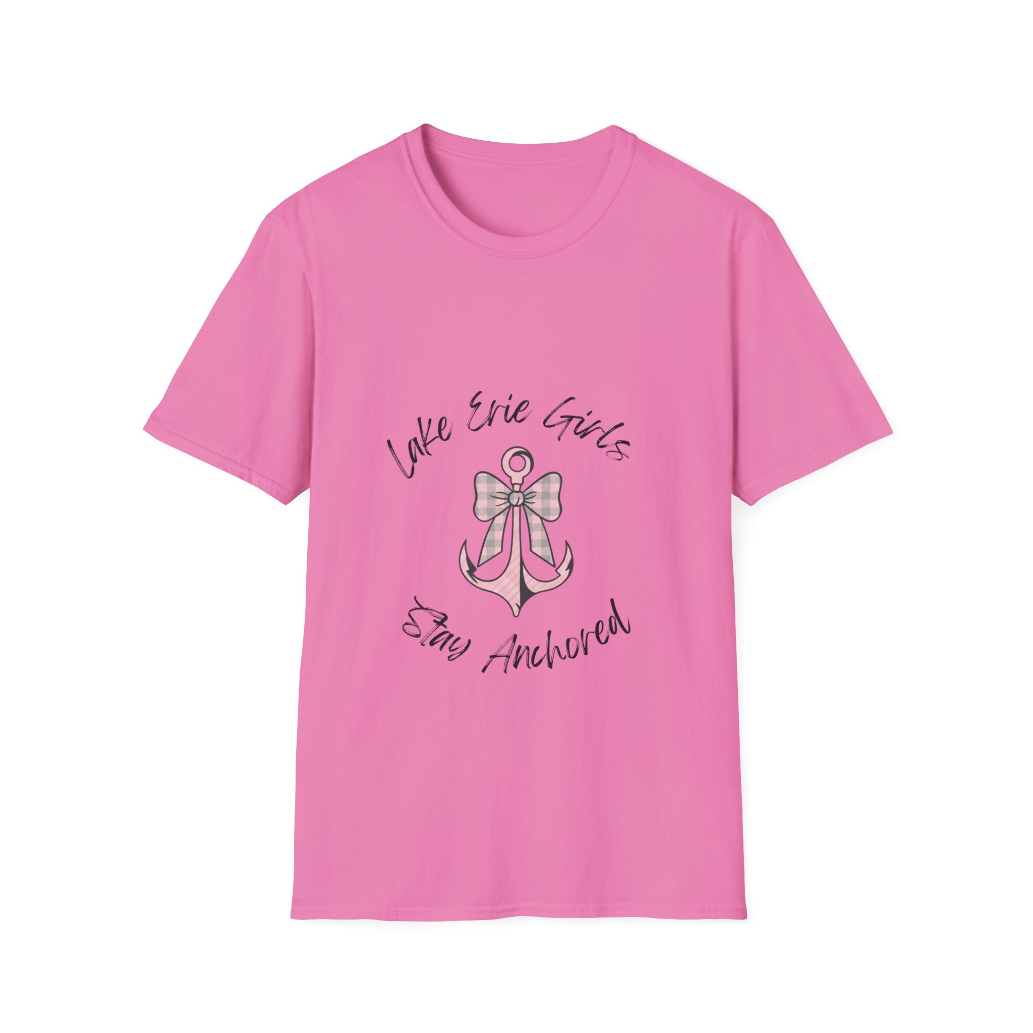 Pink Bow & Anchor Graphic Fitted Tee, “Lake Erie Girls Stay Anchored” 11 Girls Stay Anchored Fitted Tee