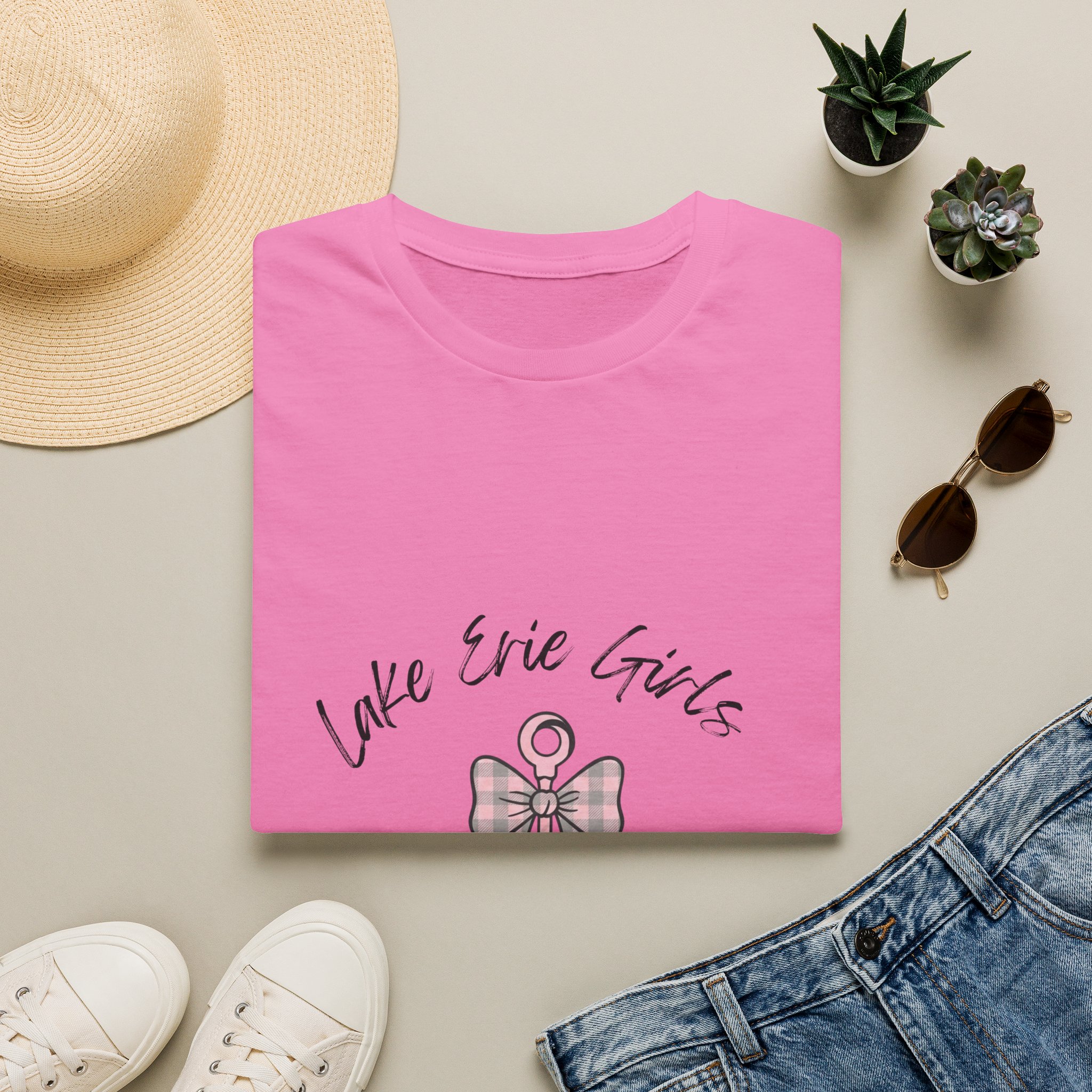 Pink Bow & Anchor Graphic Fitted Tee, “Lake Erie Girls Stay Anchored” 9 Girls Stay Anchored Fitted Tee