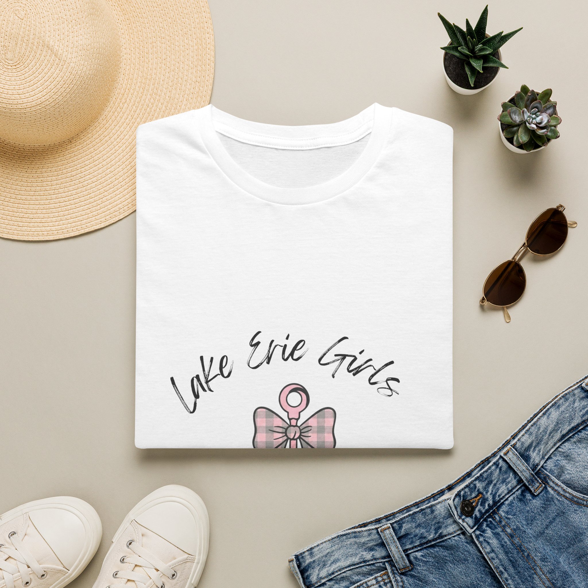 Pink Bow & Anchor Graphic Fitted Tee, “Lake Erie Girls Stay Anchored” 2 Girls Stay Anchored Fitted Tee