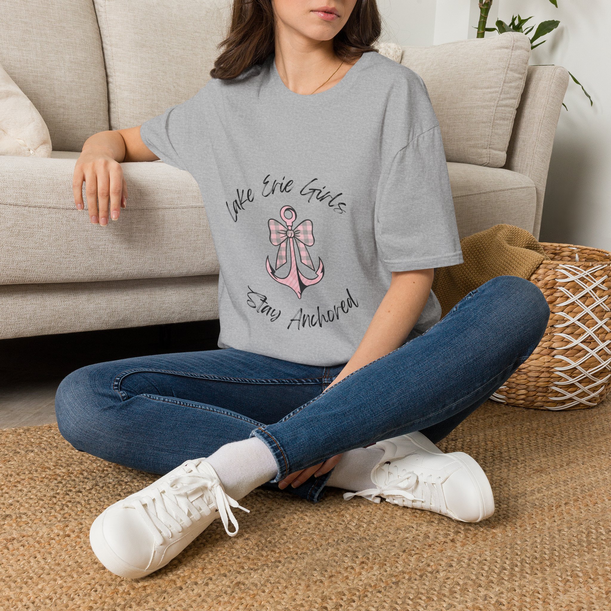 Pink Bow & Anchor Graphic Fitted Tee, “Lake Erie Girls Stay Anchored” 6 Girls Stay Anchored Fitted Tee