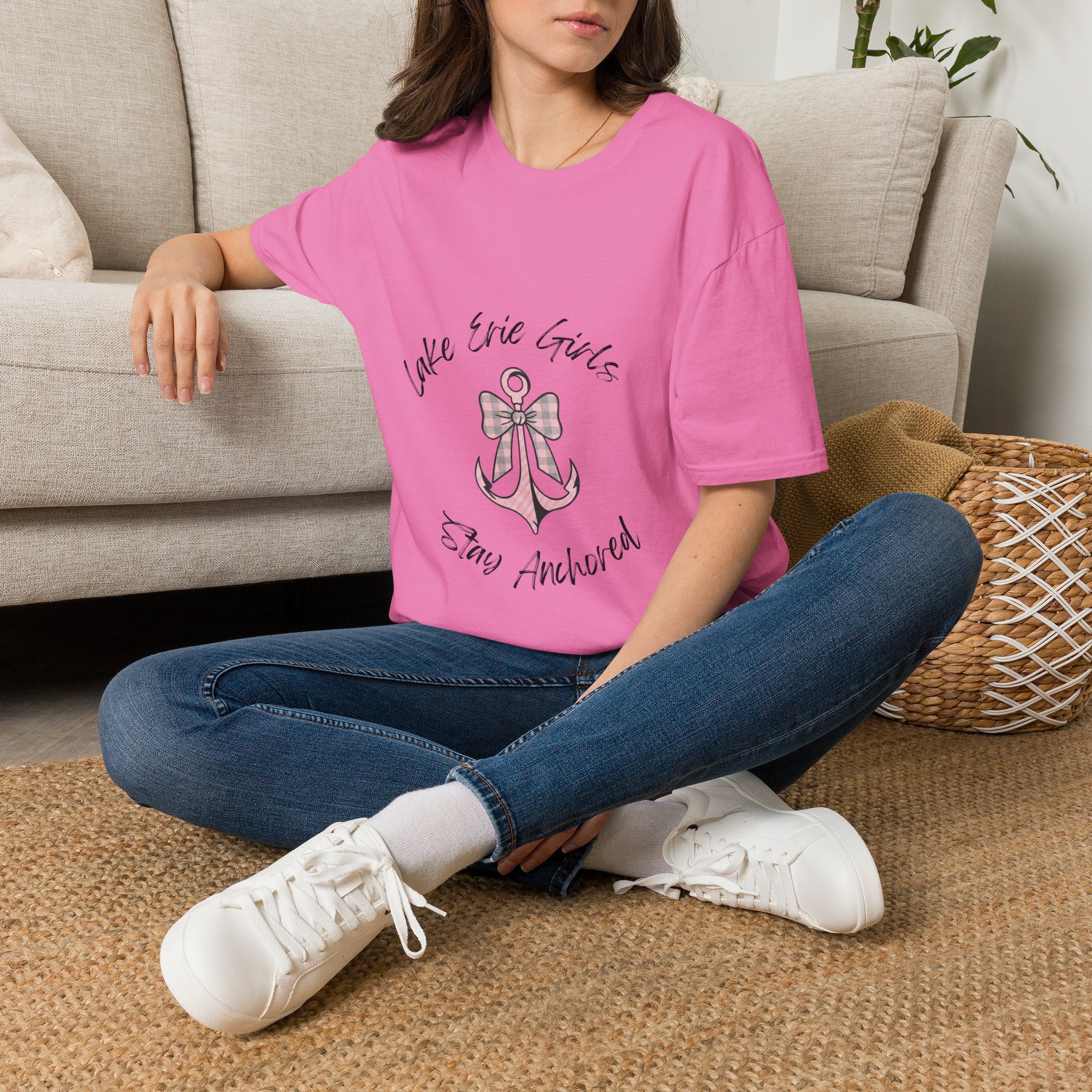 Pink Bow & Anchor Graphic Fitted Tee, “Lake Erie Girls Stay Anchored” 10 Girls Stay Anchored Fitted Tee
