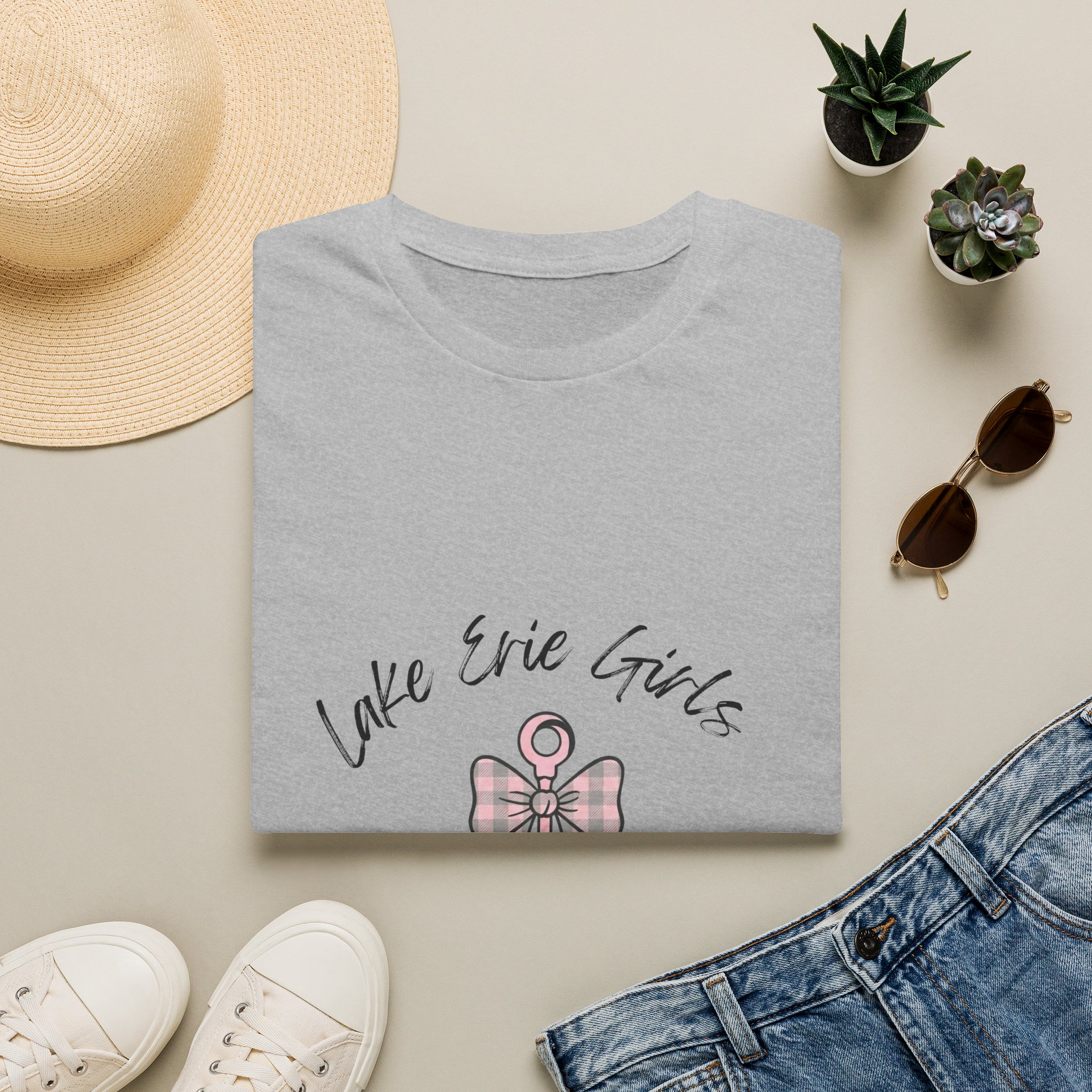 Pink Bow & Anchor Graphic Fitted Tee, “Lake Erie Girls Stay Anchored” 5 Girls Stay Anchored Fitted Tee