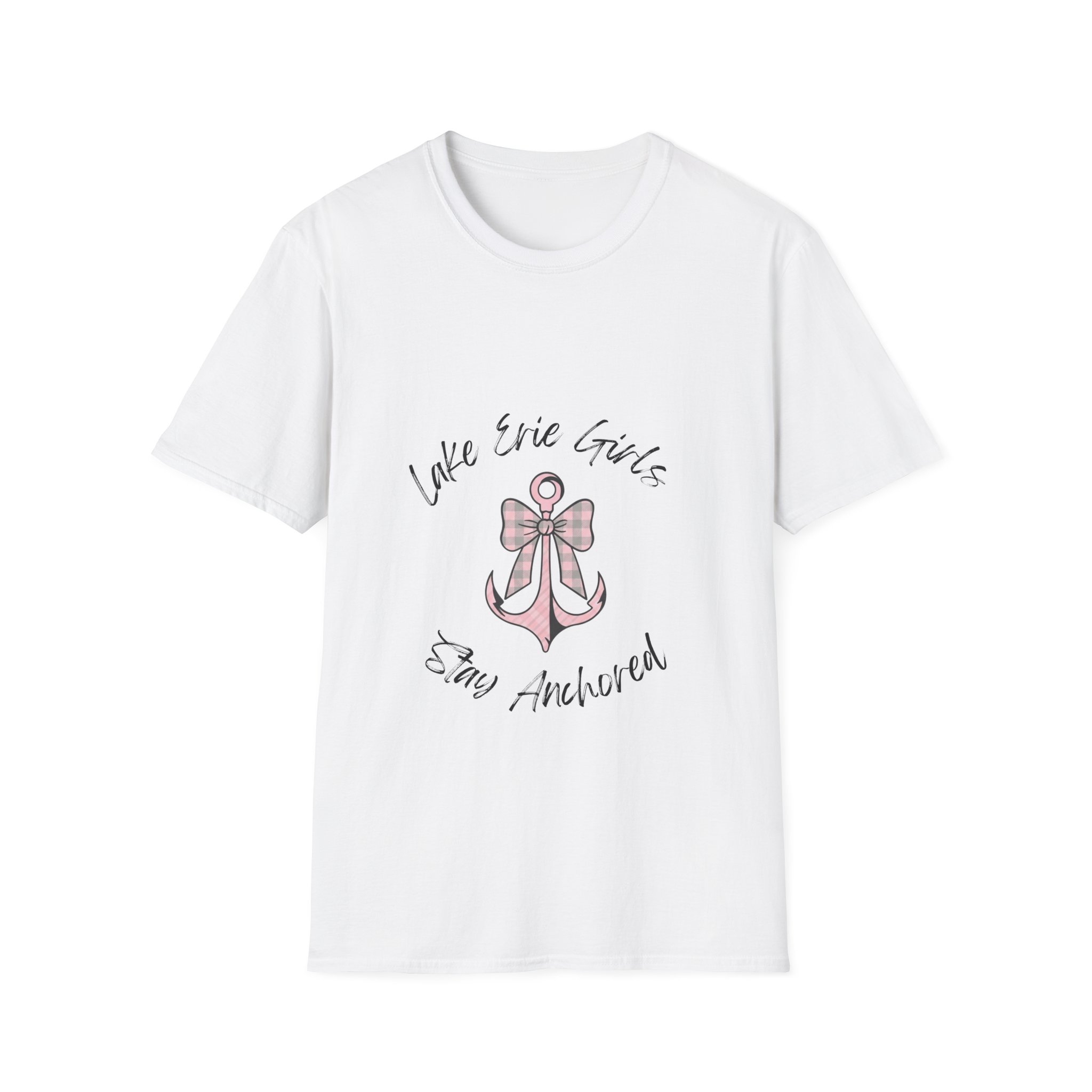 Pink Bow & Anchor Graphic Fitted Tee, “Lake Erie Girls Stay Anchored” 3 Girls Stay Anchored Fitted Tee